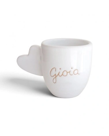 Tazza in ceramica bianca con manico a cuore in terracotta e scritta Gioia, 7 cm