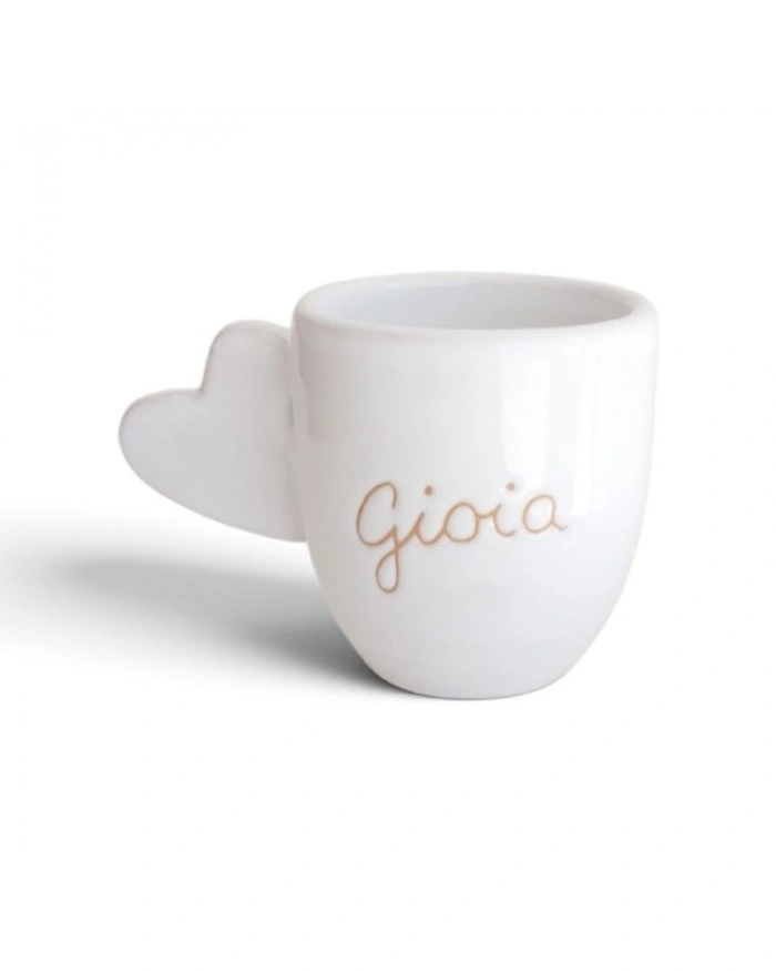 Tazza in ceramica bianca con manico a cuore in terracotta e scritta Gioia, 7 cm