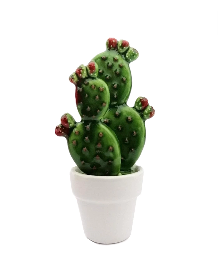 Cactus Verde in Ceramica con Frutti H. 15 cm - Vaso Bianco