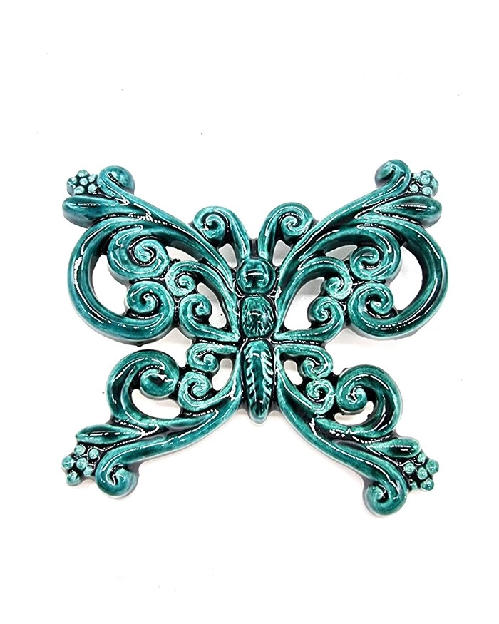 Farfalla Verde Marino Decoro Intreccio H. 8-9 cm in Ceramica