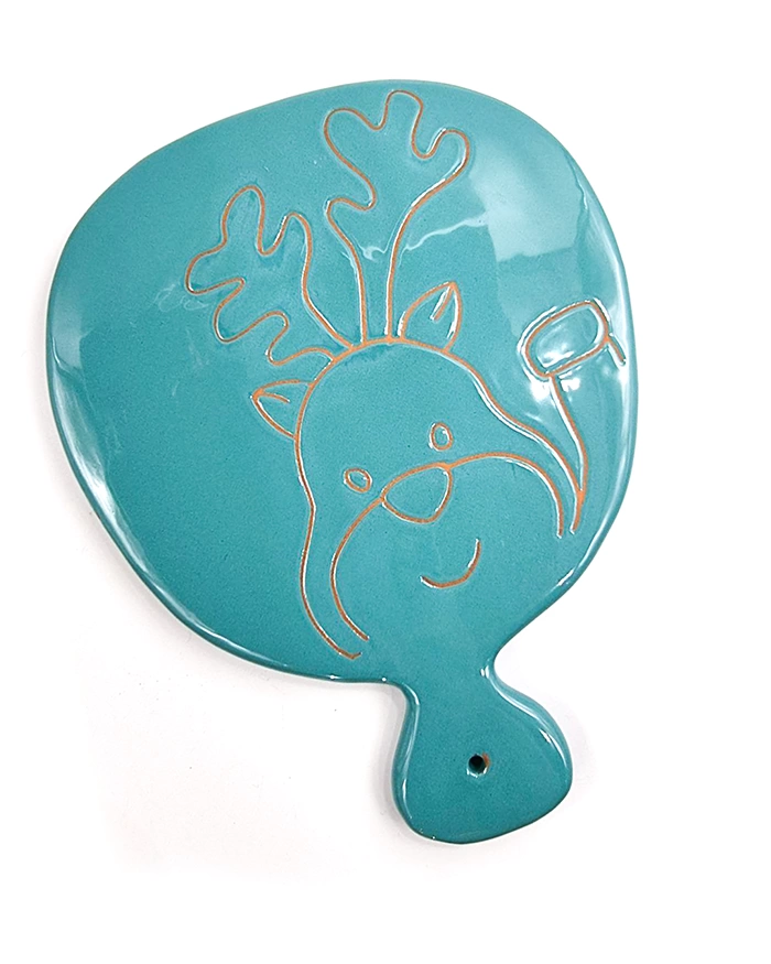Tagliere Blu Pavone Decoro Renna H. 25 cm in Ceramica