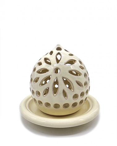 Lanterna Beige Decoro Fiore con Piattino Diametro 14 cm in Ceramica