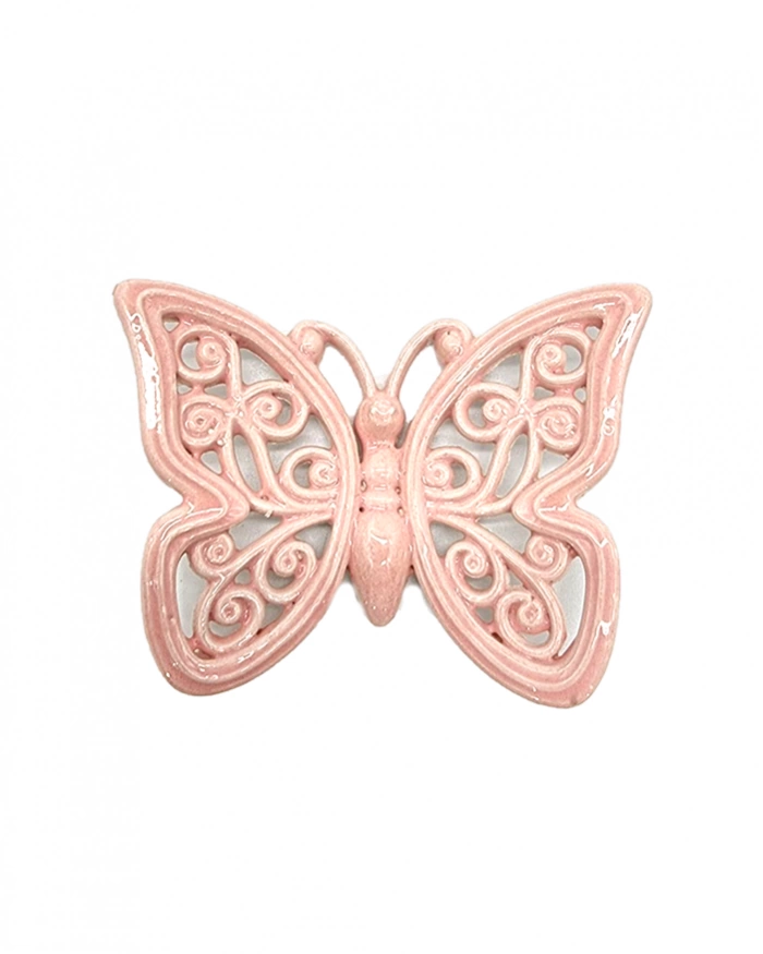 Farfalla Decoro Fiori Rosa con Magnete H. 6 cm in Ceramica