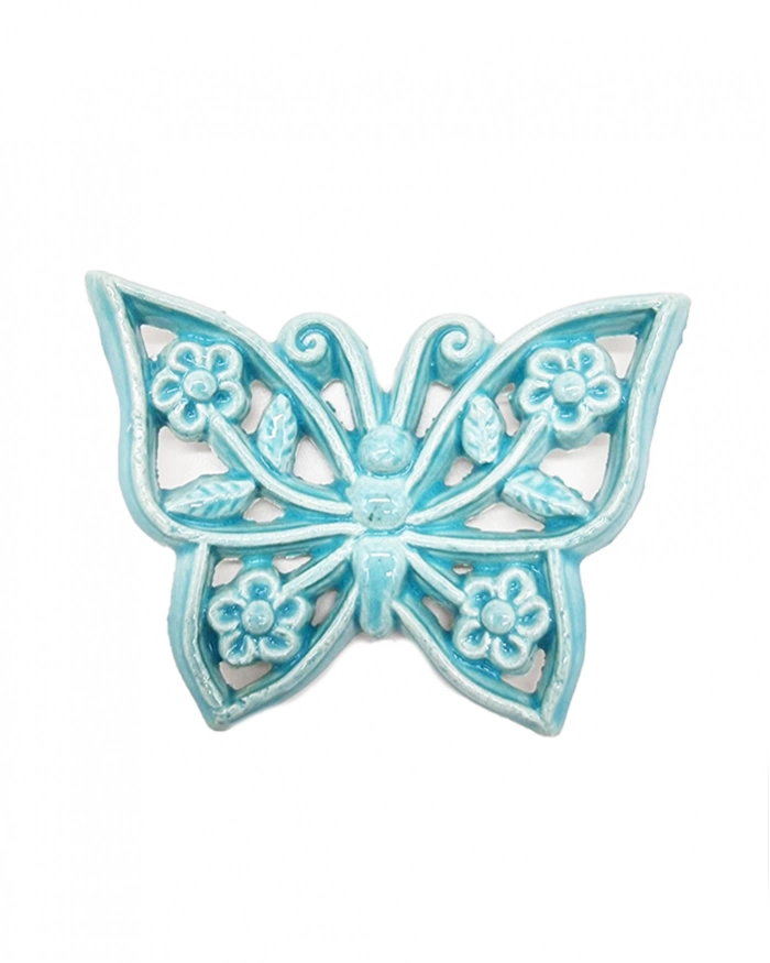 Farfalla Decoro Fiori Celeste con Magnete H. 6 cm in Ceramica