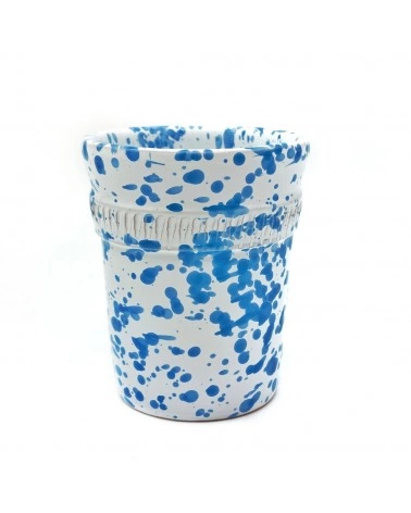 Vaso Portapianta Schizzato Turchese Con Decoro H. 10 cm