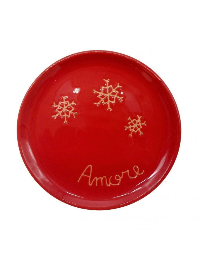 Piattino Natalizio Rosso "Amore" Decoro Fiocchi Di Neve Diametro 18 cm