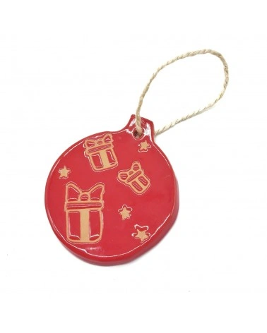 Sfera Piatta Natalizia Rossa con Regali di Natale in Ceramica
