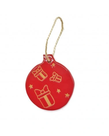 Sfera Piatta Natalizia Rossa con Regali di Natale in Ceramica