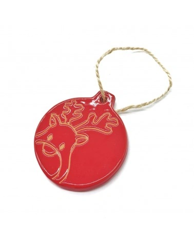 Sfera Piatta Natalizia Rossa con Renna in Ceramica