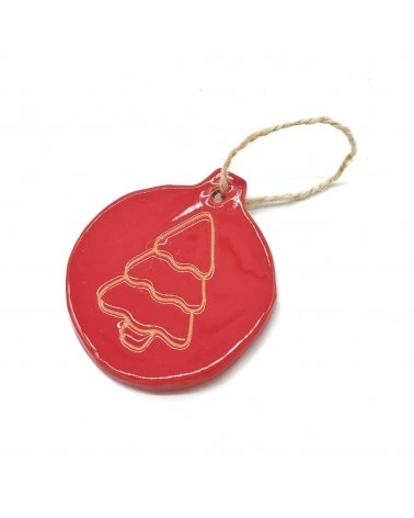 Sfera Piatta Natalizia Rossa con Albero di Natale in Ceramica