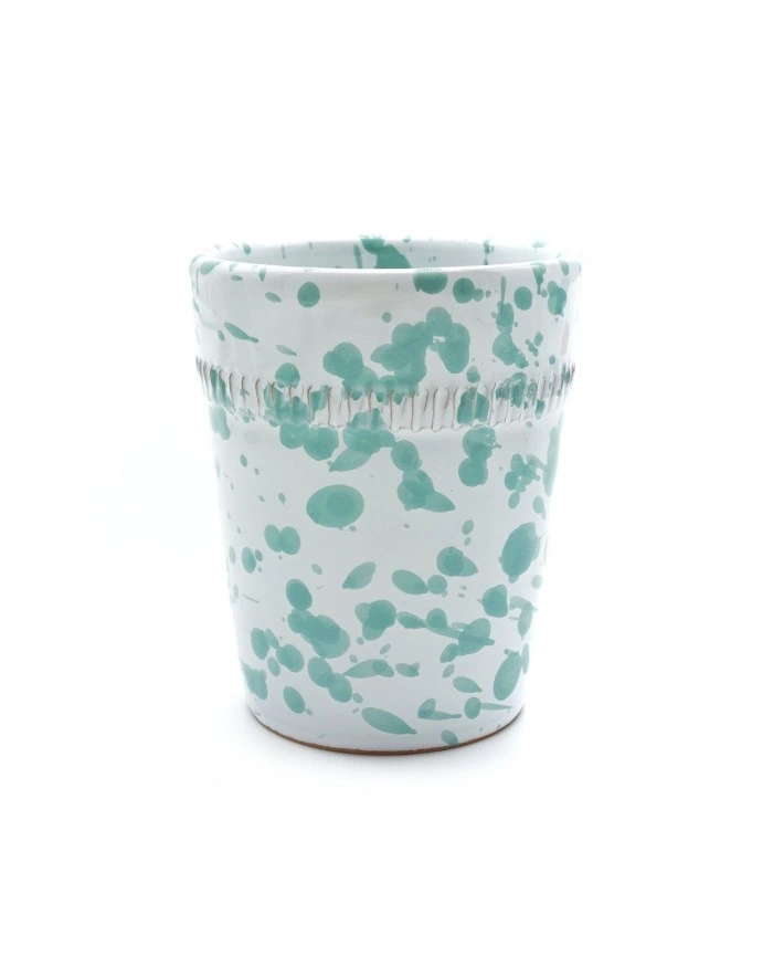 Vaso Portapianta Schizzato  Verde Acqua Con Decoro H. 10 cm
