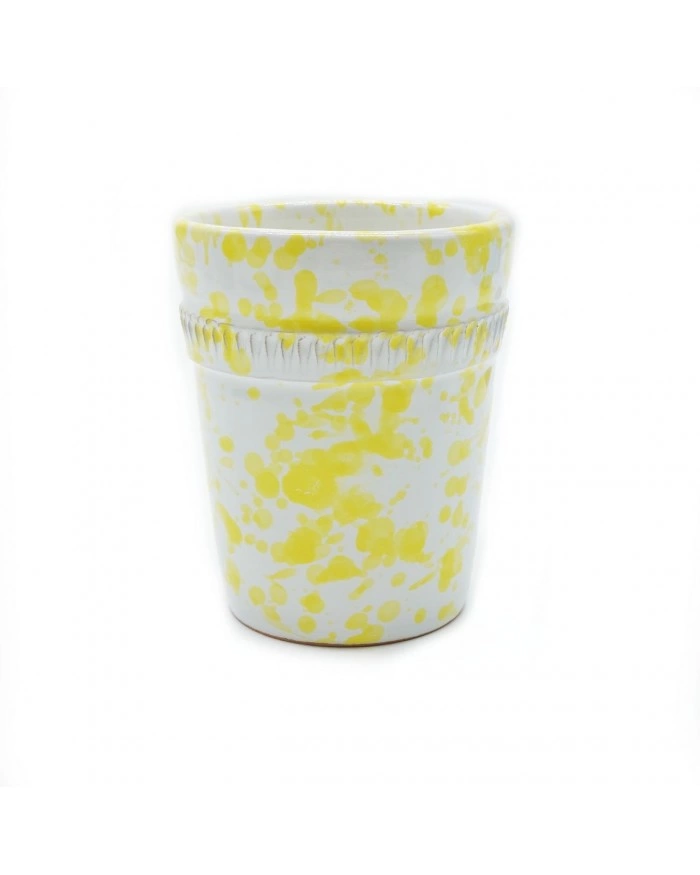 Vaso Portapianta Schizzato Giallo Con Decoro H. 10 cm
